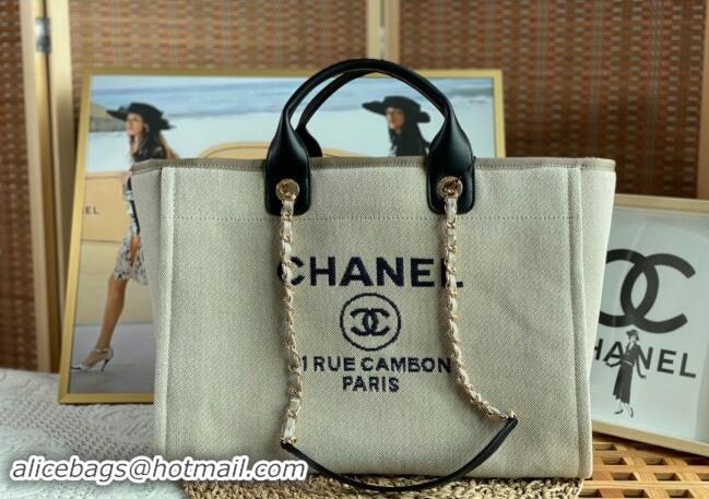 Luxury Grade Chanel Deauville Mixed Fibers & Calfskin Large Shopping Bag A66941 Beige/Black 2024 TOP