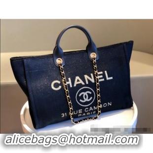 New Design Chanel Deauville Mixed Fibers & Calfskin Large Shopping Bag A66941 Navy Blue/Gold 2024