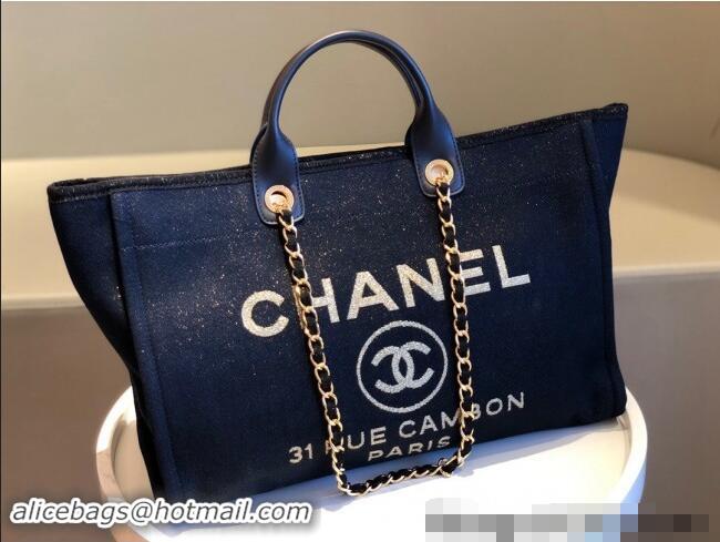 New Design Chanel Deauville Mixed Fibers & Calfskin Large Shopping Bag A66941 Navy Blue/Gold 2024