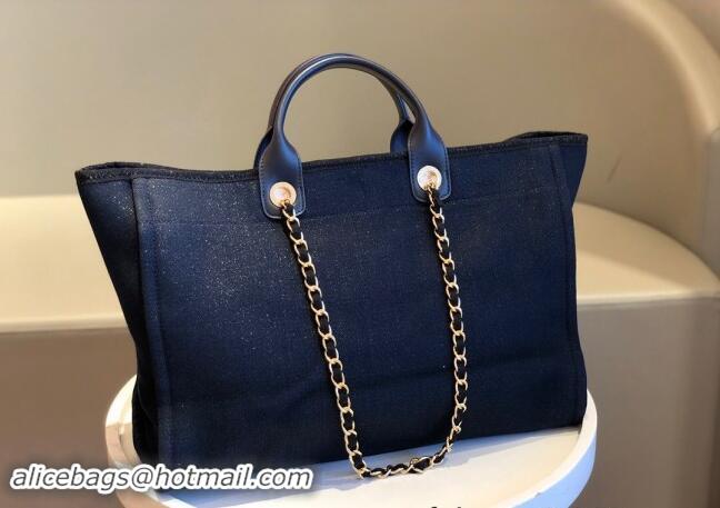 New Design Chanel Deauville Mixed Fibers & Calfskin Large Shopping Bag A66941 Navy Blue/Gold 2024