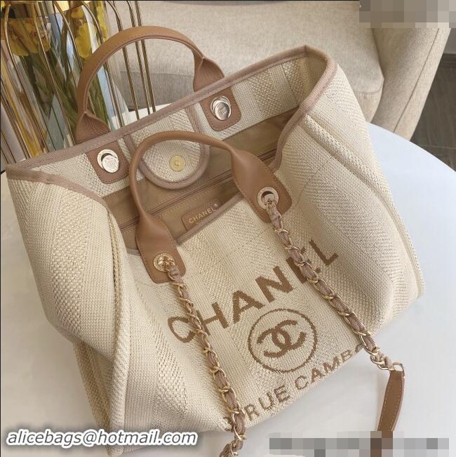 New Product Chanel Deauville Mixed Fibers & Calfskin Large Shopping Bag A66941 Light Beige 2024 TOP