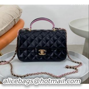 Luxury Classic Chanel Lambskin Mini Flap Bag with Top Handle AS2431 Black/Purple 2024