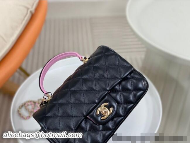 Luxury Classic Chanel Lambskin Mini Flap Bag with Top Handle AS2431 Black/Purple 2024