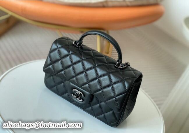 Sophisticated Chanel Lambskin Mini Flap Bag with Chain Top Handle AS2431 Black/Gunmetal 2024