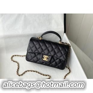 Refined Chanel Grained Calfskin Mini Flap Bag with Chain Top Handle AS2431 Black 2024