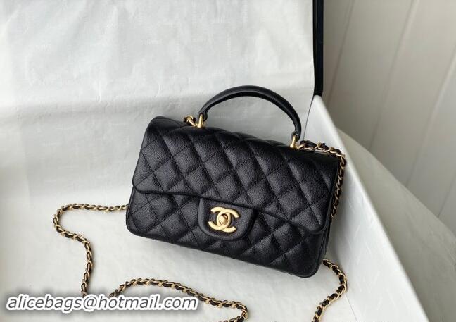 Refined Chanel Grained Calfskin Mini Flap Bag with Chain Top Handle AS2431 Black 2024