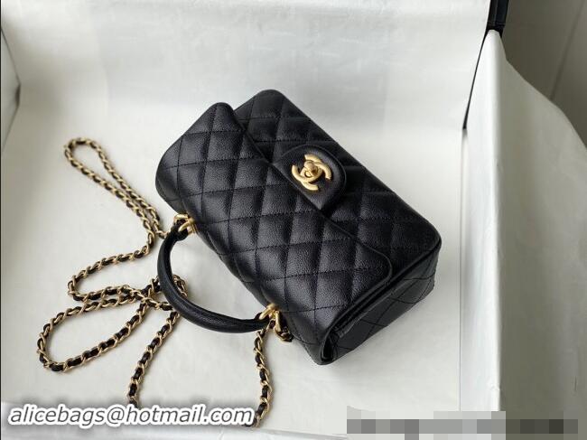 Refined Chanel Grained Calfskin Mini Flap Bag with Chain Top Handle AS2431 Black 2024