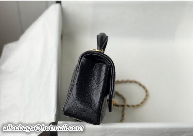 Refined Chanel Grained Calfskin Mini Flap Bag with Chain Top Handle AS2431 Black 2024