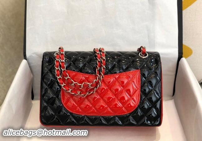 New Cheap Chanel Patent Calfskin Classic Medium Flap Bag A01112 Black/Red/Silver 2024