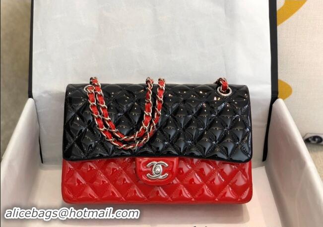 New Cheap Chanel Patent Calfskin Classic Medium Flap Bag A01112 Black/Red/Silver 2024