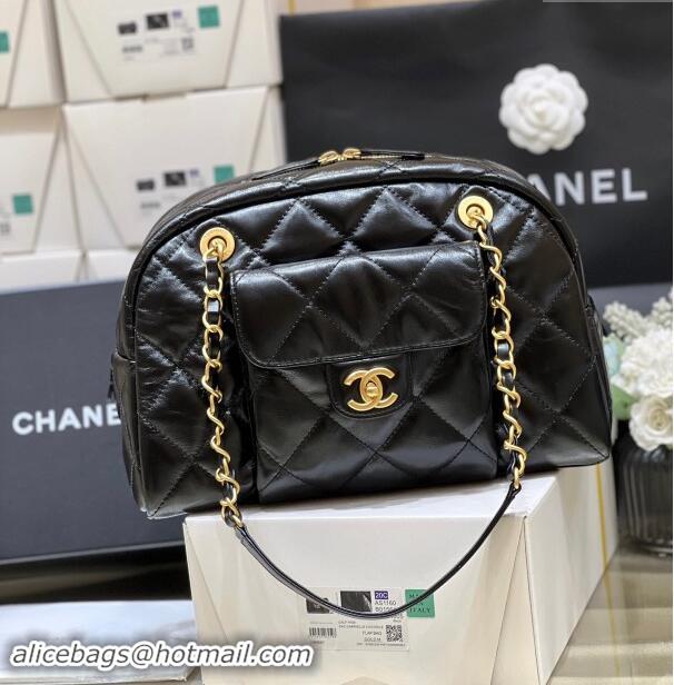 New Fashion Chanel Small Bowling Bag in Shiny Calfskin AS4905 Black 2024 Top Quality