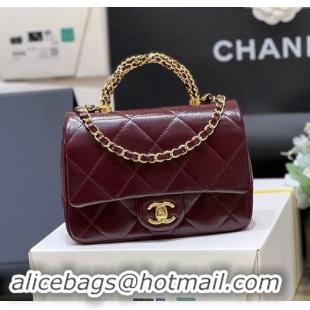 Spot Chanel 24B Lambskin Mini Flap Bag with Top Handle AS5032 Burgundy 2024 Top Quality