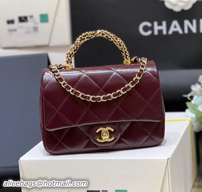 Spot Chanel 24B Lambskin Mini Flap Bag with Top Handle AS5032 Burgundy 2024 Top Quality