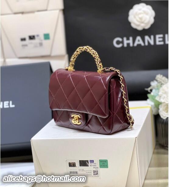 Spot Chanel 24B Lambskin Mini Flap Bag with Top Handle AS5032 Burgundy 2024 Top Quality