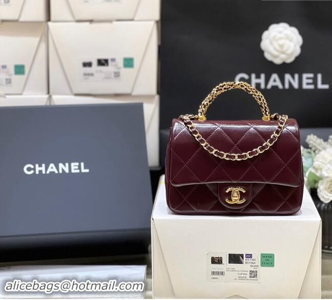 Spot Chanel 24B Lambskin Mini Flap Bag with Top Handle AS5032 Burgundy 2024 Top Quality