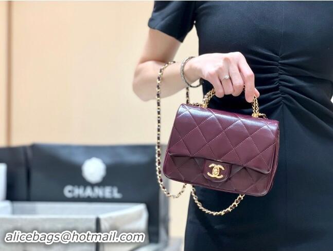 Spot Chanel 24B Lambskin Mini Flap Bag with Top Handle AS5032 Burgundy 2024 Top Quality