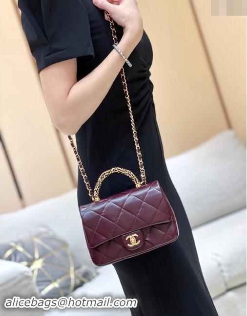 Spot Chanel 24B Lambskin Mini Flap Bag with Top Handle AS5032 Burgundy 2024 Top Quality