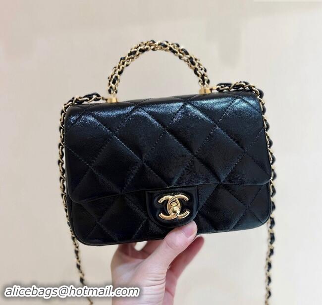 Classic Chanel 24B Lambskin Mini Flap Bag with Top Handle AS5032 Black 2024 Top Quality