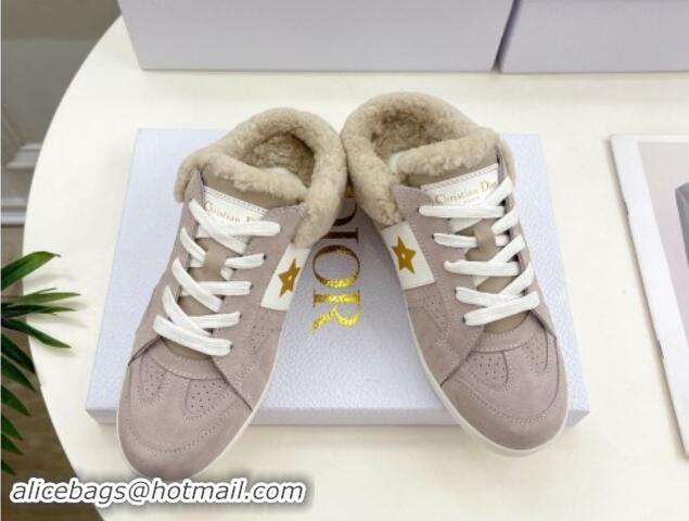 Popular Style Dior Star Open Back Sneakers in White Calfskin and Shearling Wool Grey 1122037