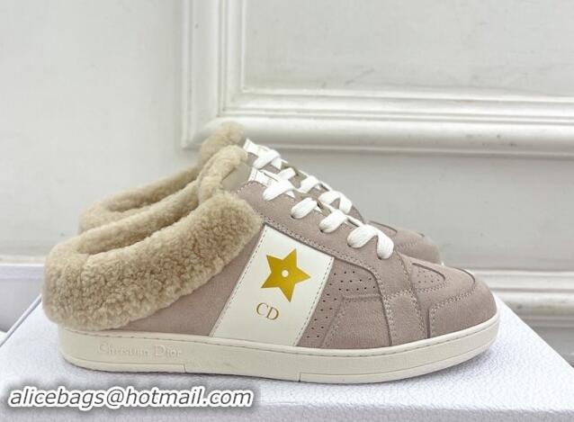 Popular Style Dior Star Open Back Sneakers in White Calfskin and Shearling Wool Grey 1122037