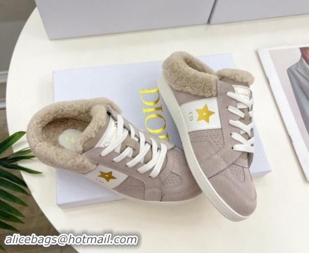 Popular Style Dior Star Open Back Sneakers in White Calfskin and Shearling Wool Grey 1122037