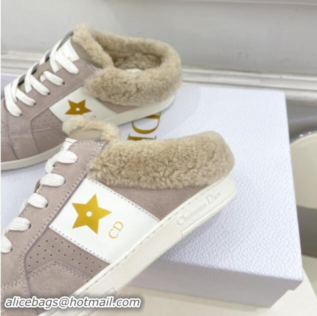 Popular Style Dior Star Open Back Sneakers in White Calfskin and Shearling Wool Grey 1122037