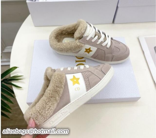 Popular Style Dior Star Open Back Sneakers in White Calfskin and Shearling Wool Grey 1122037