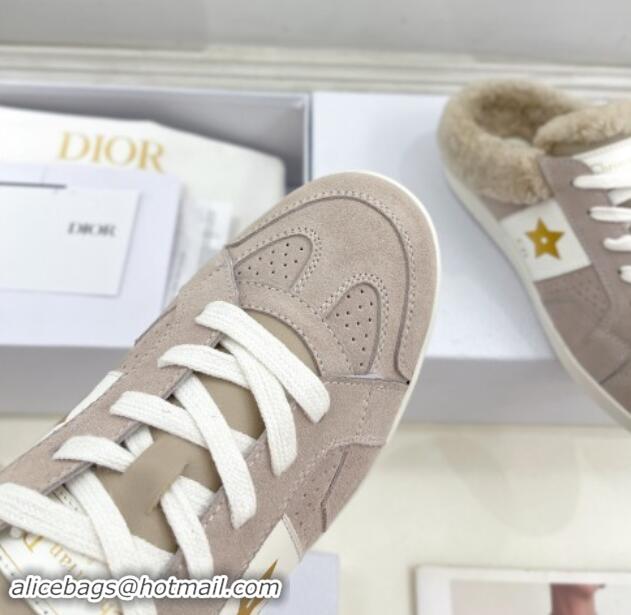 Popular Style Dior Star Open Back Sneakers in White Calfskin and Shearling Wool Grey 1122037