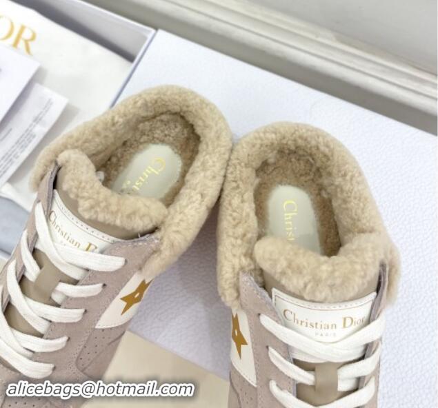 Popular Style Dior Star Open Back Sneakers in White Calfskin and Shearling Wool Grey 1122037