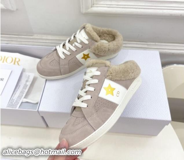 Popular Style Dior Star Open Back Sneakers in White Calfskin and Shearling Wool Grey 1122037