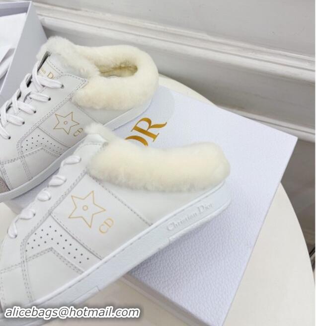 Sophisticated Dior Star Open Back Sneakers in White Calfskin and Shearling Wool 1122038