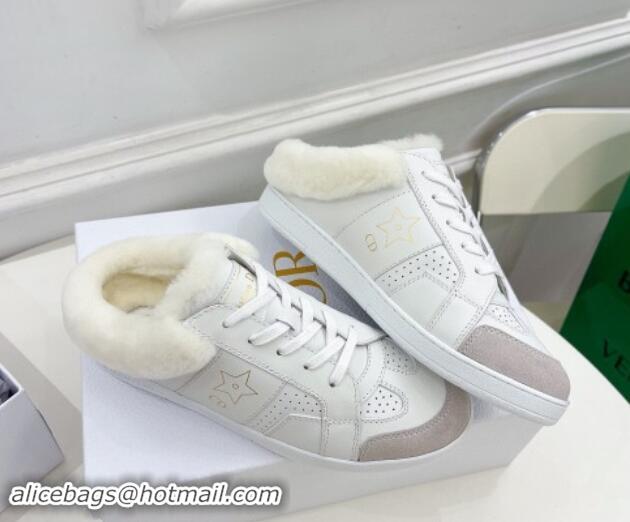 Sophisticated Dior Star Open Back Sneakers in White Calfskin and Shearling Wool 1122038