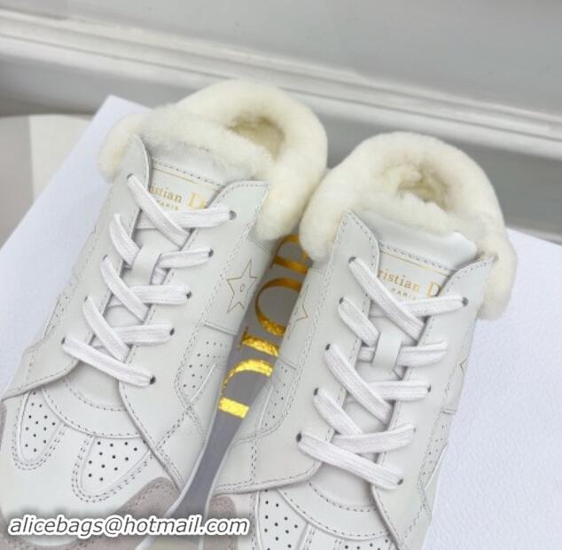 Sophisticated Dior Star Open Back Sneakers in White Calfskin and Shearling Wool 1122038