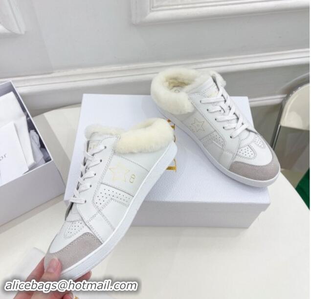 Sophisticated Dior Star Open Back Sneakers in White Calfskin and Shearling Wool 1122038