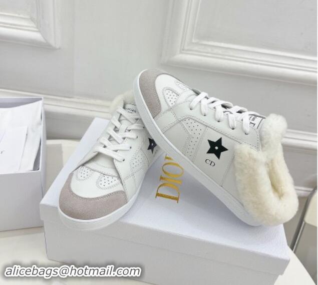 Buy Luxury Dior Star Open Back Sneakers in White Calfskin and Shearling Wool 122039