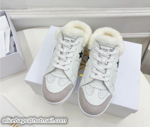 Buy Luxury Dior Star Open Back Sneakers in White Calfskin and Shearling Wool 122039