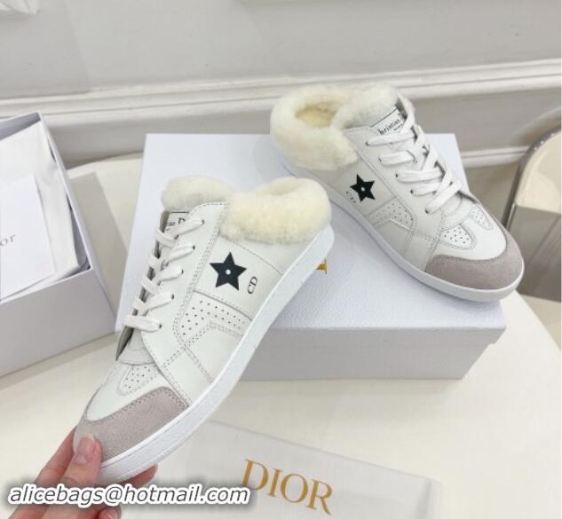 Buy Luxury Dior Star Open Back Sneakers in White Calfskin and Shearling Wool 122039