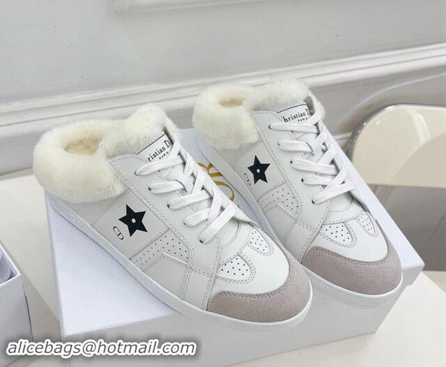 Buy Luxury Dior Star Open Back Sneakers in White Calfskin and Shearling Wool 122039