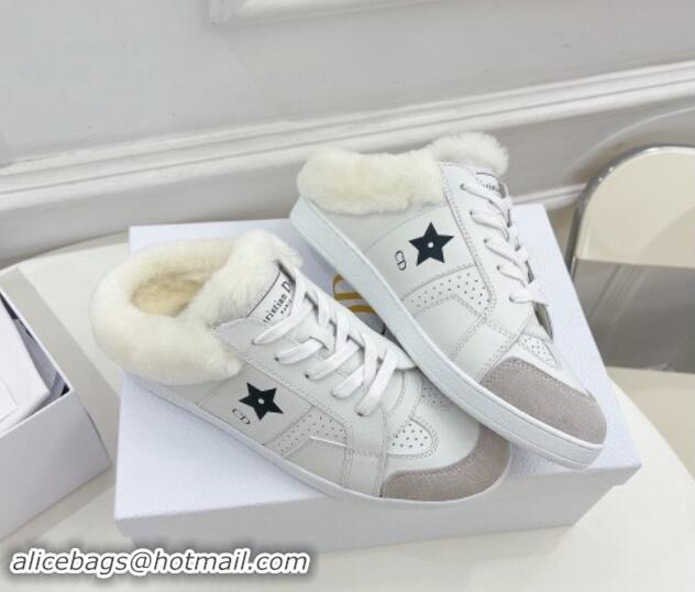 Buy Luxury Dior Star Open Back Sneakers in White Calfskin and Shearling Wool 122039