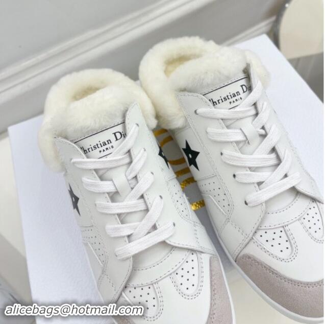 Buy Luxury Dior Star Open Back Sneakers in White Calfskin and Shearling Wool 122039