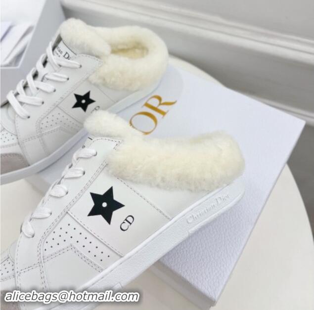 Buy Luxury Dior Star Open Back Sneakers in White Calfskin and Shearling Wool 122039