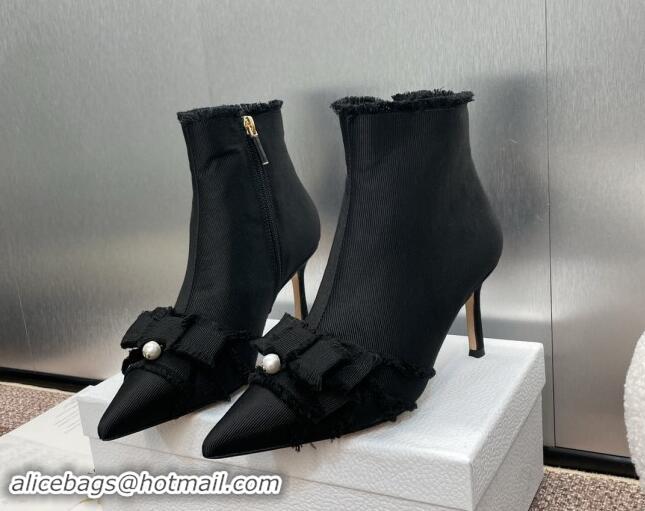 Best Grade Dior Adiorable Heeled Ankle Boots 7cm in Fringed Grosgrain with Pearl Bow Black 1122040