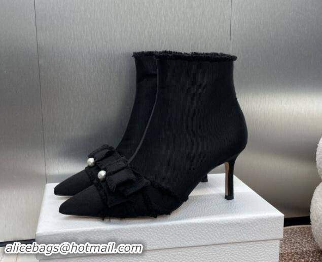 Best Grade Dior Adiorable Heeled Ankle Boots 7cm in Fringed Grosgrain with Pearl Bow Black 1122040