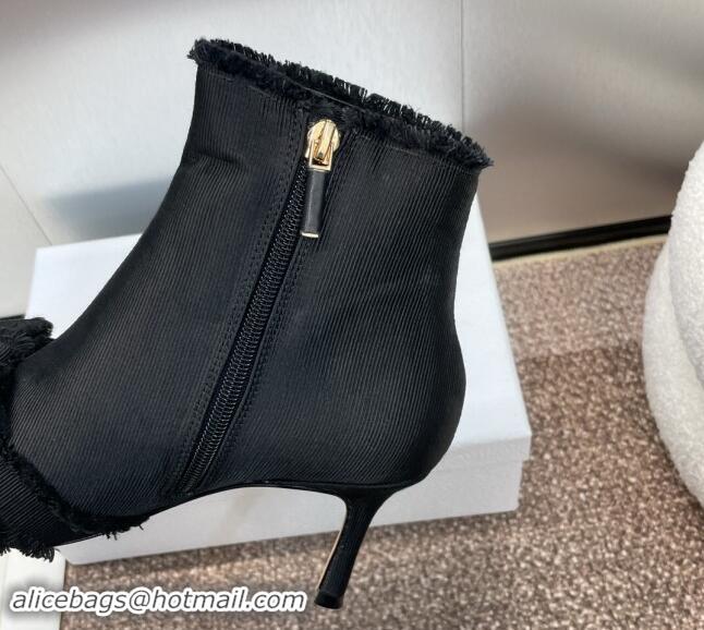 Best Grade Dior Adiorable Heeled Ankle Boots 7cm in Fringed Grosgrain with Pearl Bow Black 1122040