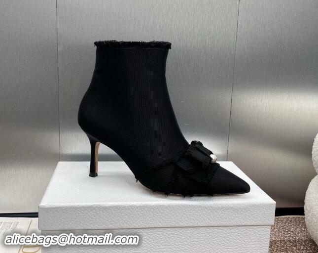 Best Grade Dior Adiorable Heeled Ankle Boots 7cm in Fringed Grosgrain with Pearl Bow Black 1122040