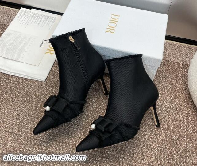 Best Grade Dior Adiorable Heeled Ankle Boots 7cm in Fringed Grosgrain with Pearl Bow Black 1122040