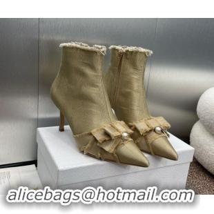 Buy Discount Dior Adiorable Heeled Ankle Boots 7cm in Fringed Grosgrain with Pearl Bow Beige 1122041