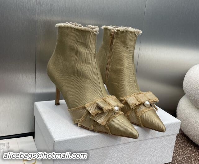 Buy Discount Dior Adiorable Heeled Ankle Boots 7cm in Fringed Grosgrain with Pearl Bow Beige 1122041