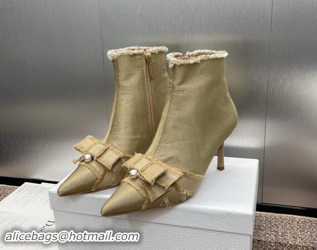 Buy Discount Dior Adiorable Heeled Ankle Boots 7cm in Fringed Grosgrain with Pearl Bow Beige 1122041