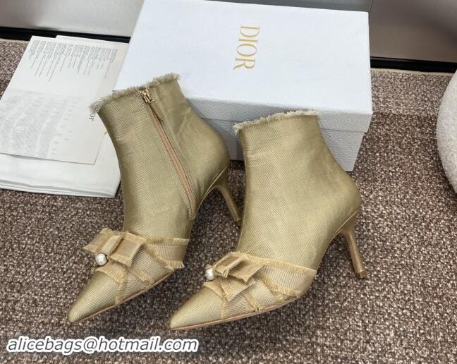 Buy Discount Dior Adiorable Heeled Ankle Boots 7cm in Fringed Grosgrain with Pearl Bow Beige 1122041